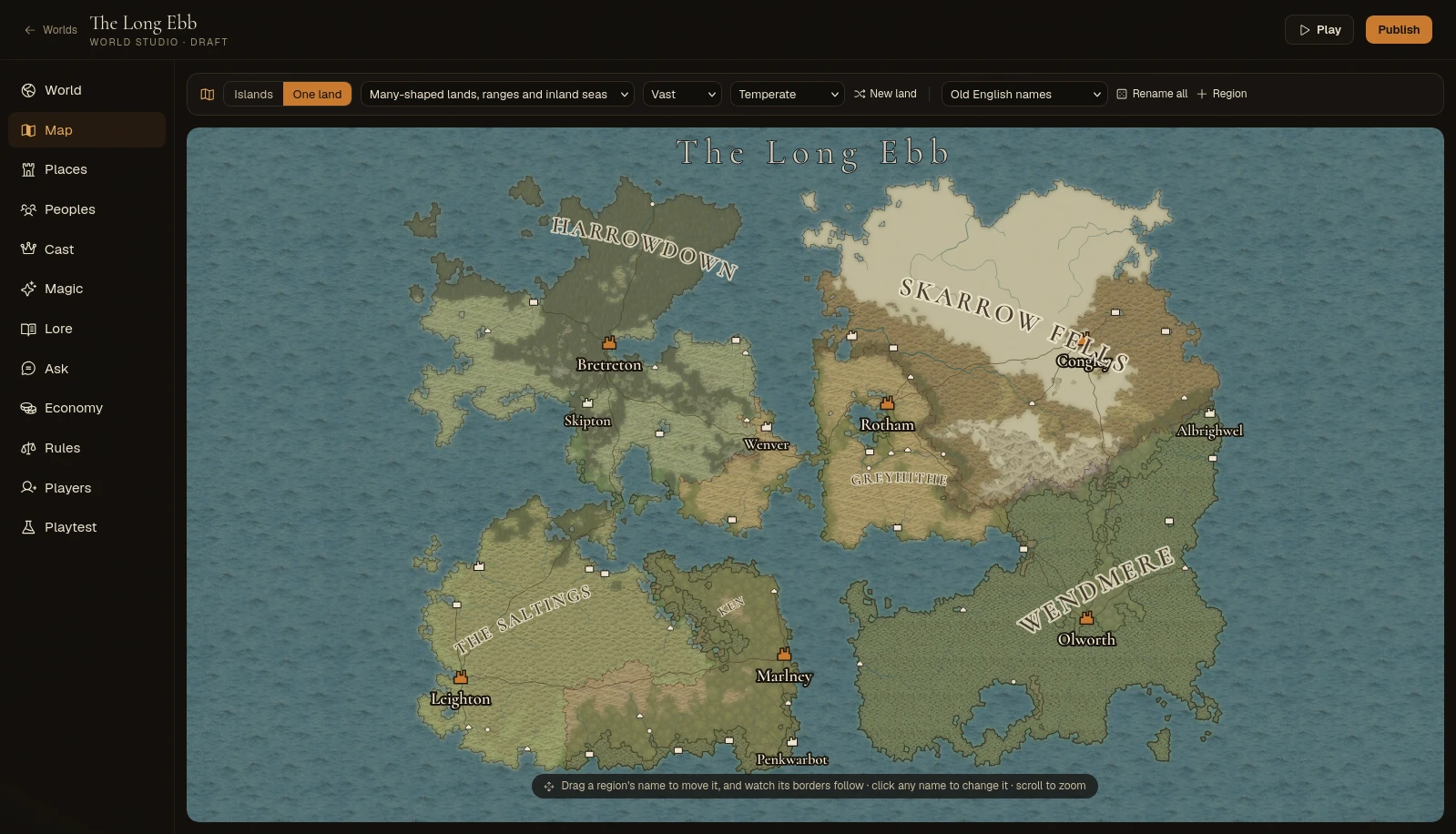 The World Studio's map tab: a generated continent with named regions, towns and roads