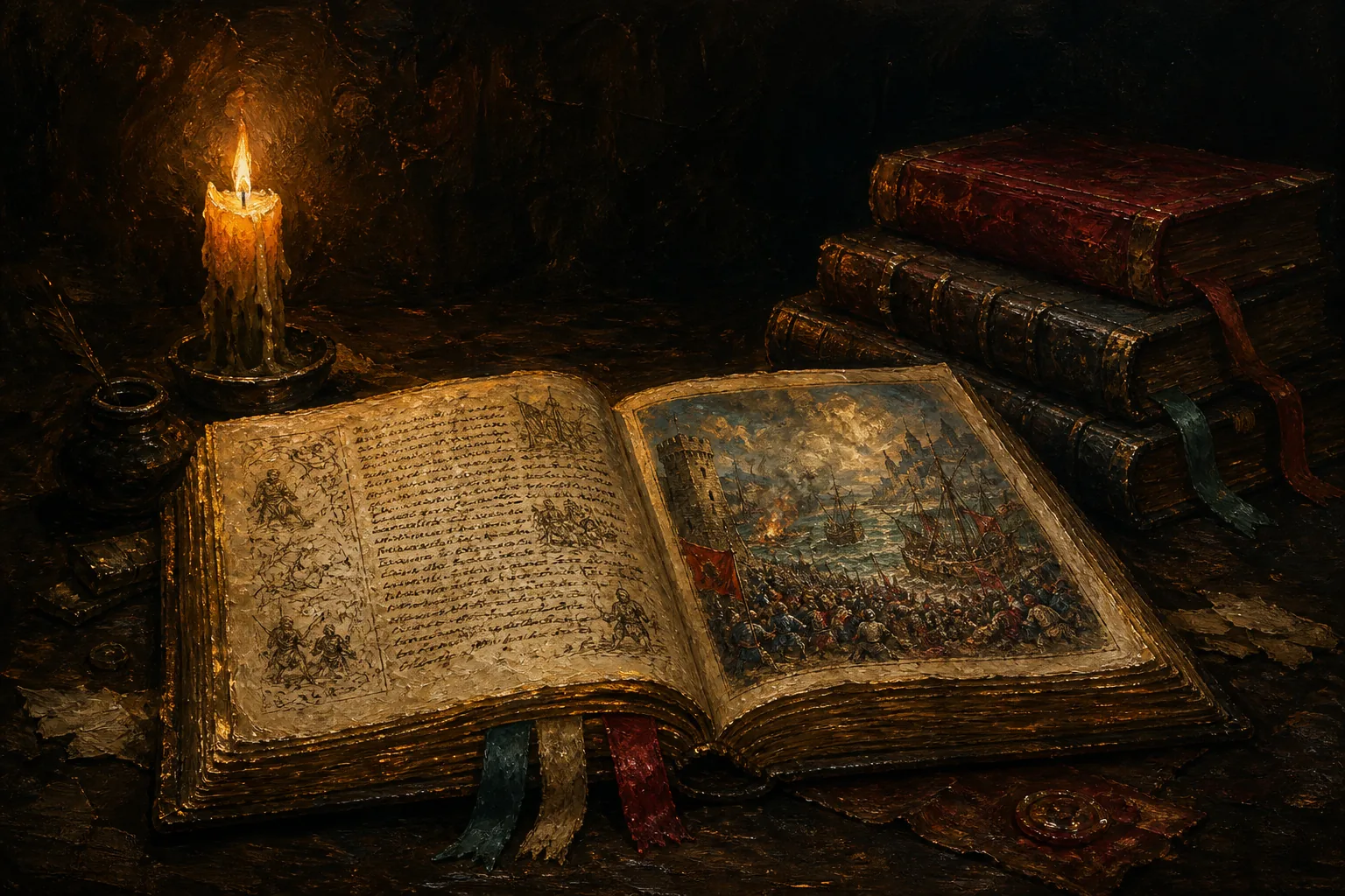 An illuminated manuscript open to a painted plate