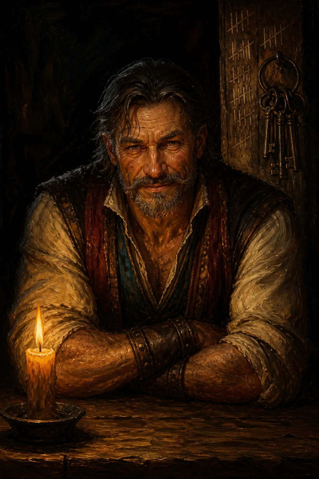 An innkeeper in candlelight, looking directly at you