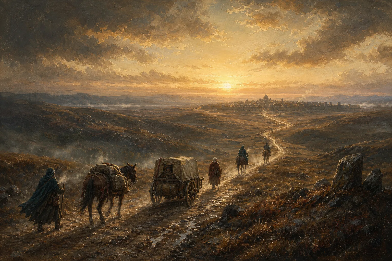 A small travelling party on a road through open hill country at dawn