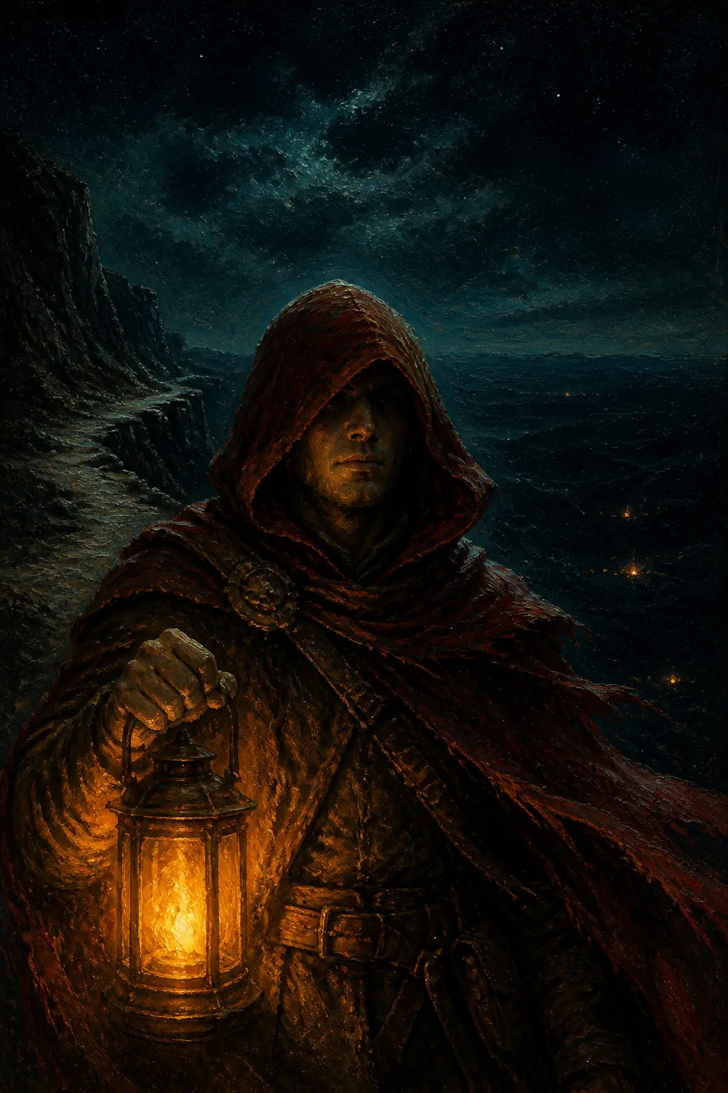 A lone traveller with a lantern above a dark valley